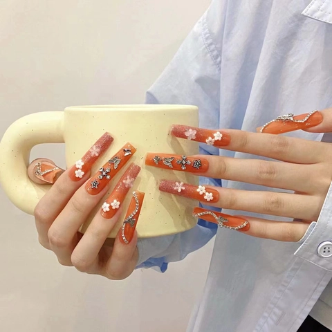 Handgefertigte Extra Lange Coffin Press On Nails Orange Farbverlauf Mit 3D Blumen Schmetterling Strass Dekor Y2K Stil Damen