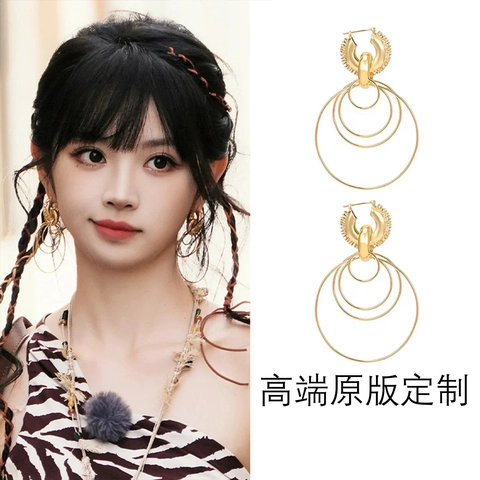 Fashion Multilayer Round Hoop Earrings Copper Gold Plated Geometric Rhinestone Pendant Jewelry For Women