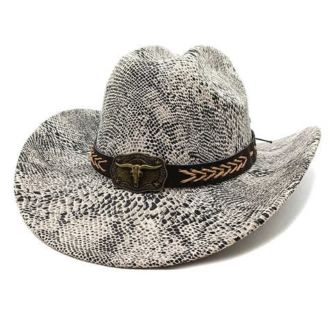 Cappello Cowboy Vintage Poliestere Fedora Tesa Larga Con Fibbia Testa Di Toro In Metallo E Fascia In Pelle Intrecciata