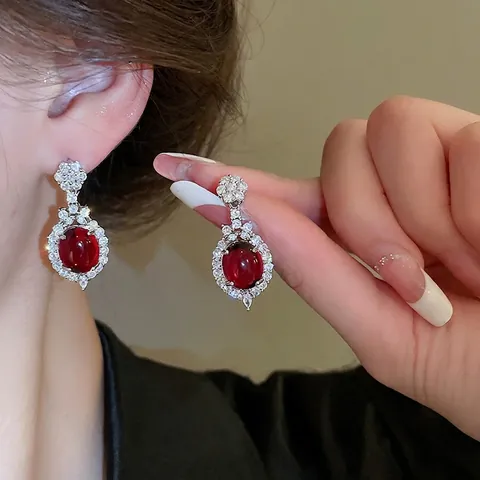 Red Oval Rhinestone Flower Stud Earrings With 925 Sterling Silver Earring Post Vintage Luxury Style For Women