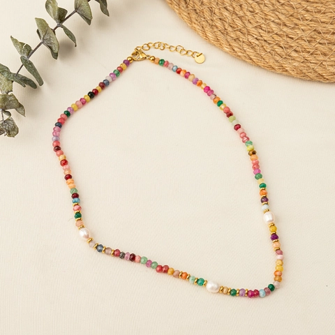 Collier en Perles de Pierre Naturelle Bohème Bijoux en Acier Titane pour Femme Multicolore Perle Artificielle