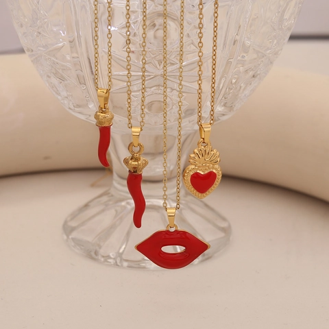 Roestvrijstalen Hanger Ketting Rood Emaille Lip Chili Heilig Hart Italiaanse Hoorn Mode Sieraden Voor Dames