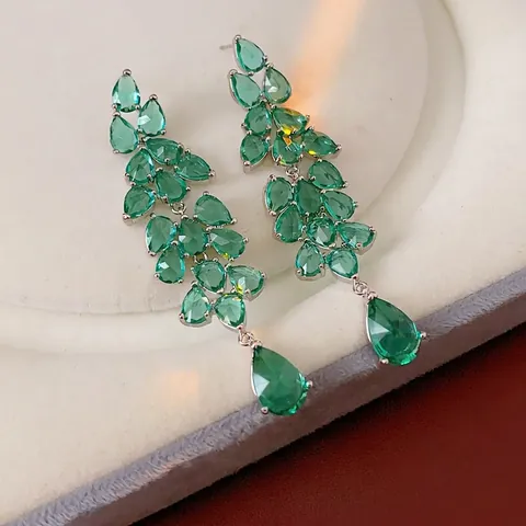 Boucles D'Oreilles Pendantes Feuilles Zircone Verte Avec Tige En Argent Élégant Longue Goutte Cuivre Pour Femmes