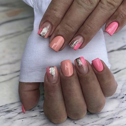 Uñas Postizas Press On Cortas Cuadradas Rosa Vibrante Amarillo Bloqueo De Color Brillantes Plata Purpurina Para Mujeres