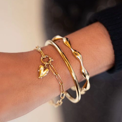 Bracciale Collana Orecchini In Acciaio Inossidabile Placcato Oro 18K Ciondolo Cuore Perla Artificial Gioielli Retro Di Tendenza Da Donna