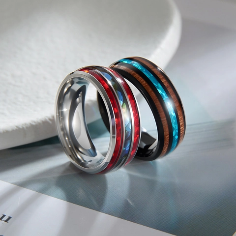304 Edelstahl Ring Mit Koaholz Und Imitationsopal Einlage Poliertes Band Für Herren Unisex Natürlicher Stil