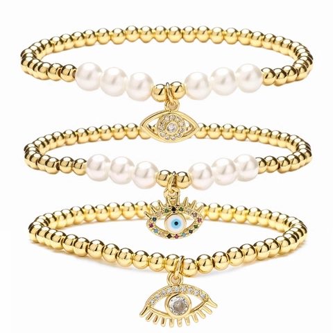 Boho Vergoldet Kupfer Böser Blick Kreuz Stern Mond Schmetterling Perlen Armbänder Für Damen Modeschmuck