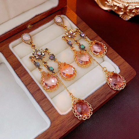 Boucles D'oreilles Longues À Pampilles En Forme De Larme Alliage Étoile Cristal Rose Avec Tige En Argent Style Vintage Femme