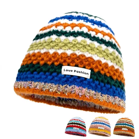 Rainbow Striped Knitted Beanie Hat Acrylic Wool Warm Ear Protection Slouchy Korean Style For Women Love Fashion Label