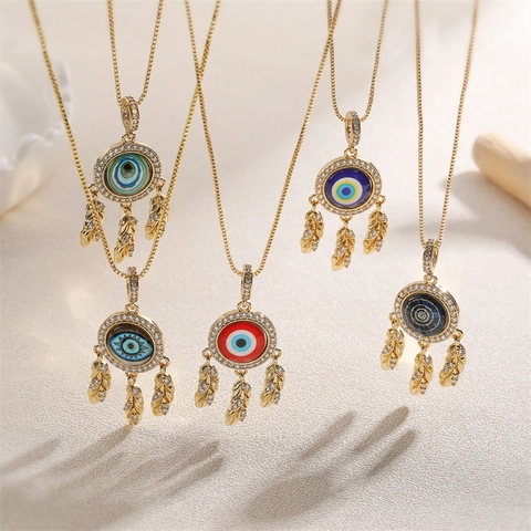Collana Con Ciondolo Malocchio Rame Micro Intarsio Zircone Acchiappasogni Piuma Ciondoli Gioielli Vintage Per Donne