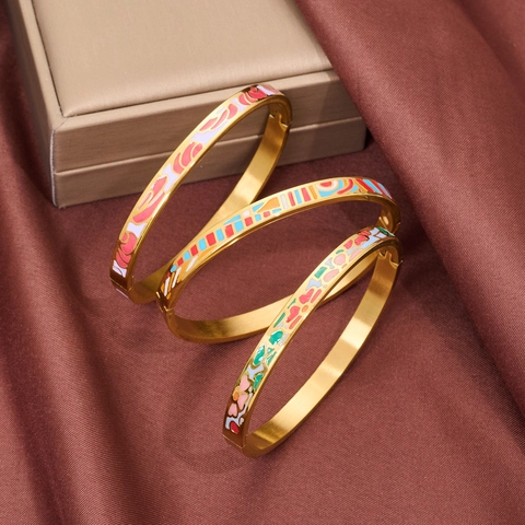 Moderne Edelstahl Gold Emaille Armreif Für Damen Bunt Bemalte Florale Geometrische Muster Tropföl Armband Schmuck