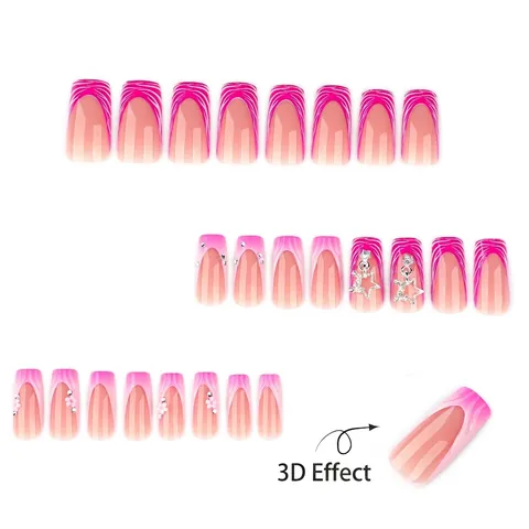 Press On Nails Pink White Gradient Zebra Print 3D Flowers Star Charms Long Square Artificial False Nail Tips For Women