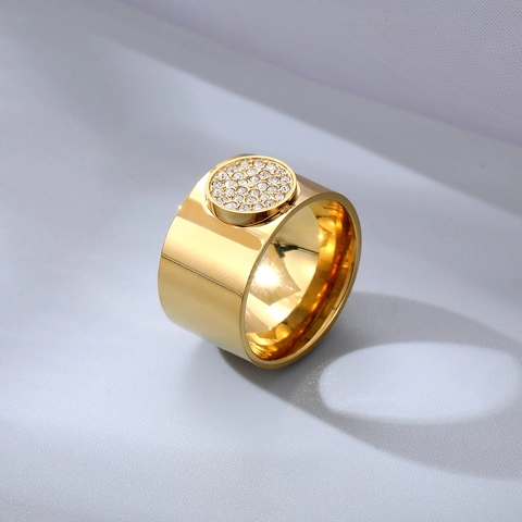 Wide Band Ring Gold Plated Stainless Steel Round Cubic Zirconia Pave Fashion Jewelry For Women