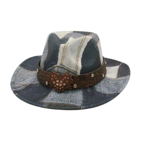 Vintage Denim Patchwork Fedora Hat Western Cowboy Style With Rhinestone Heart Buckle Wide Brim Jazz Cap Women Men