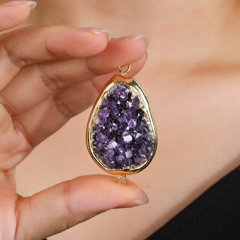 Amethist Druzy Hanger Natuursteen Druppel Vergulde Connector Voor DIY Sieraden Maken Dames Ins Stijl