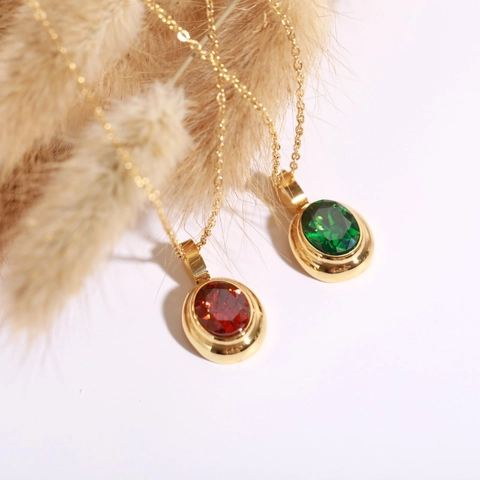Edelstahl Halskette 18K Vergoldet Bunter Ovaler Edelstein Anhänger Leichter Luxus Klassischer Schmuck Für Damen