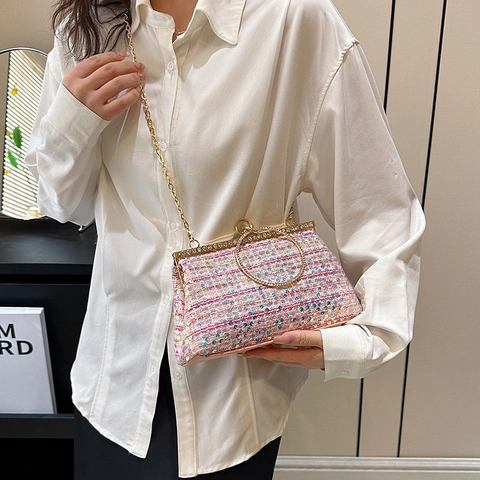 Elegante Borsa Da Sera In Tweed Con Paillettes Manico Rotondo In Strass Pochette Da Festa Con Catena Da Donna