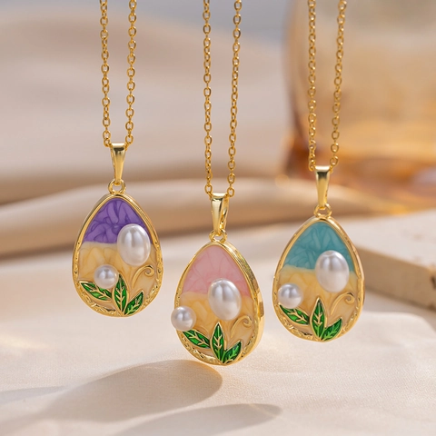 Halsketting Met Druppelhanger Franse Vintage Monet Tuin Emaille Kunstparelimitatie Tulp Titaniumstaal Koper Voor Dames