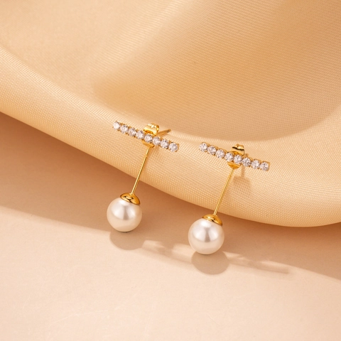 Minimalist 304 Stainless Steel Artificial Pearl Stud Earrings For Women Rhinestone Inlaid Vertical Bar Dangle Ear Jewelry