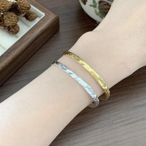 925 Sterling Silver Hammered Bangle Irregular Texture Open Cuff Bracelet Minimalist Vintage Style Jewelry For Women