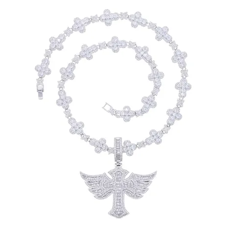 Collana Con Pendente A Croce Hip Hop Con Ali Rame Zircone Iced Out Gioielli Streetwear Da Uomo