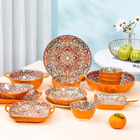 Vaisselle Céramique Bohème Motifs Mandala Assiettes Et Bols Résistant Micro-ondes Rétro Exotique Cuisine Maison