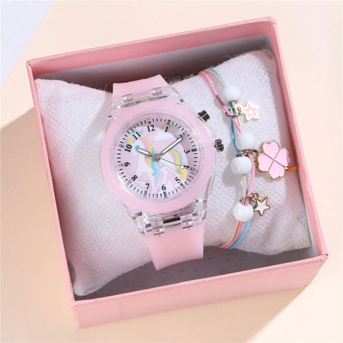 Orologio Luminoso Con Unicorno E Braccialetto Per Bambine Cinturino In Silicone Cassa In Plastica Flash LED Colorato Bambini