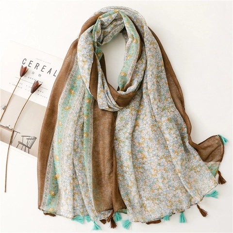 Bufanda Con Estampado Floral Y Borlas Para Mujer Chal Ligero De Gasa Estilo Étnico Transpirable Tacto Algodón Lino