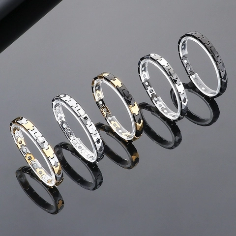 Pulsera De Acero De Tungsteno Para Hombre Terapia Magnética Eslabón Geométrico Ajustable Joyería Punk