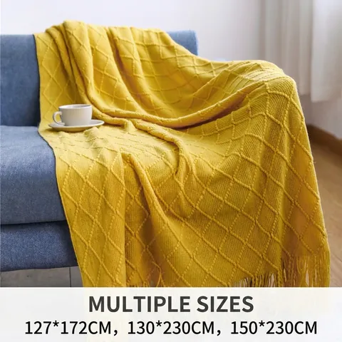 Geometric Diamond Knitted Throw Blanket Faux Cashmere Soft Couch Cover Decorative Sofa Bed Throw With Tassels