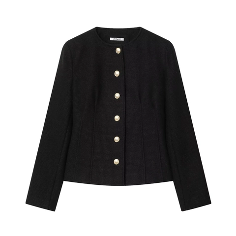 Veste Courte En Tweed Vintage Pour Femme Col Rond Boutonnage Simple Boutons Dorés Coupe Slim Manches Longues Manteau