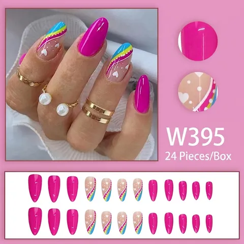 Unghie Finte A Mandorla Lucide Cuore Rosa Onda Arcobaleno Decorazione Artificiale Per Donna Moda Party