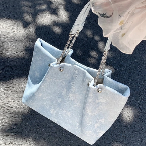 Grote Capaciteit Denim Textuur PU Leer Tote Bag Dames Ketting Schouderband Klinknagels Elegante Dagelijkse Tas