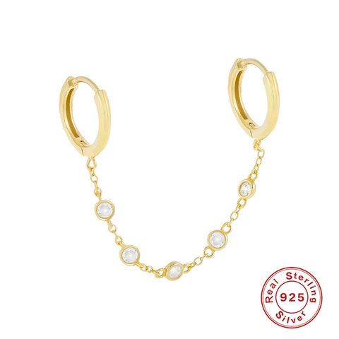 Orecchini In Argento Sterling 925 Minimalisti Geometrici A Doppio Cerchio Con Catena Collegata Micro Pavé Di Zirconia Per Donna