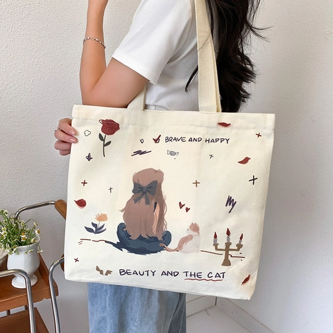 Spacious Canvas Tote Bag Cartoon Print Aesthetic Shoulder Handbag For Women Casual Daily Student Use Zip Closure