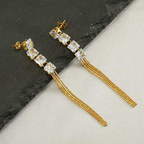 Elegant Long Tassel Drop Earrings 18K Gold Plated Stainless Steel Square Zircon Geometric Luxury Jewelry For Women