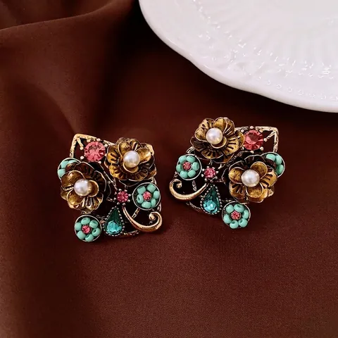 Pendientes Botón Flor Aleación Diamantes Imitación Perla Artificial Vintage Barroco Estilo Palacio Con Silver Earring Post Mujer