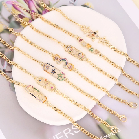 Pulsera De Moda Cobre Circón Colorido Estrella Corazón Arco Iris Amor Letra Ajustable Cadena Chapada En Oro Joyería Mujer