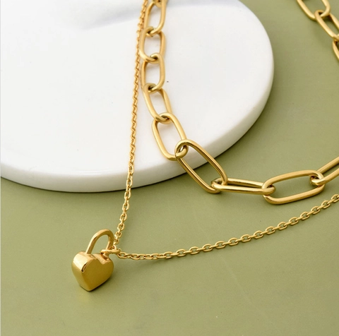 Titanium Steel Double Layered Necklace Gold Plated Heart Lock Pendant Paperclip Chain Hip Hop Fashion Jewelry For Women