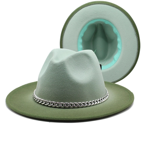 Καπέλο Fedora Με Μεγάλο Γείσο Color Block Διαβάθμιση Τσόχα Με Ασημένια Μεταλλική Αλυσίδα Jazz Vintage Unisex