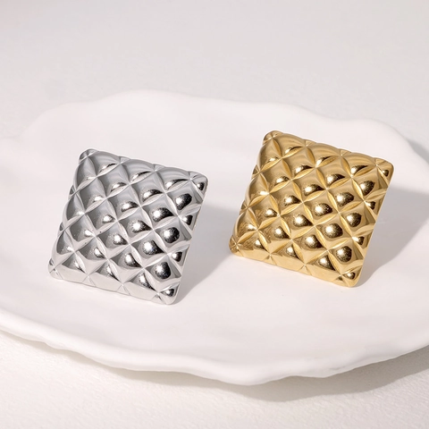 Anillo Abierto Con Patrón De Rombos Francés Acero Inoxidable Chapado En Oro De 18K Textura Geométrica Joyería Ajustable Mujer