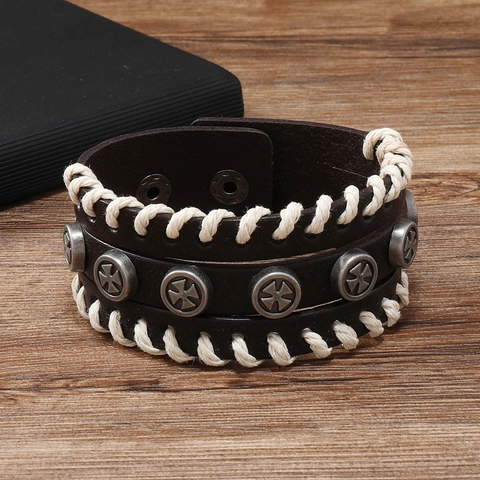 Vintage Men Wide Leather Cuff Bracelet Braided Rope Decoration Metal Cross Rivet Punk Rock Biker Wristband With Snap Button