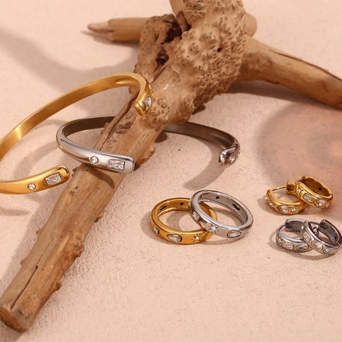 Edelstahl Zirkonia Stern Wassertropfen Ring Armreif Creolen Für Damen 18K Gold Silber Plattiert Geometrischer Schmuck