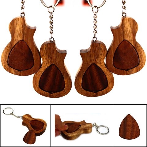 Hölzerner Gitarrenförmiger Plektrenhalter Schlüsselanhänger Mit Holz Plektrum Magnetverschluss Etui Für Gitarristen