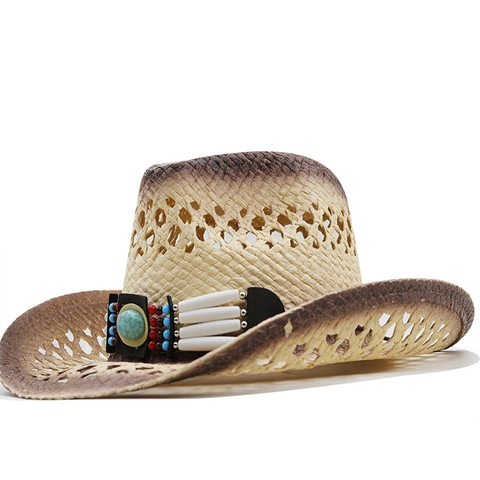 Chapeau De Cow-Boy En Paille Western Avec Perles Turquoise Ethnique Creux Respirant Chapeau De Soleil Pour Hommes Femmes