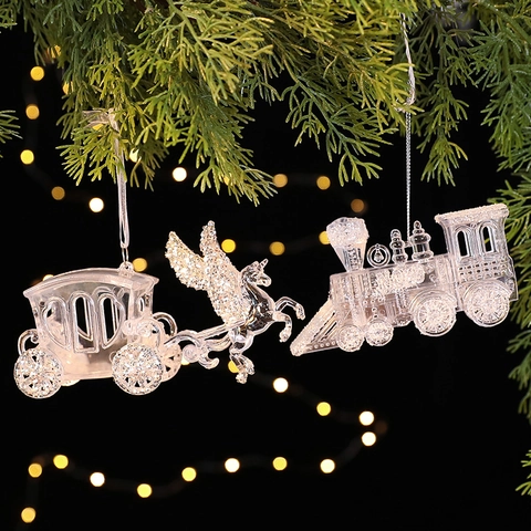 Christmas Crystal Tree Ornaments PC Polycarbonate Hanging Pendants Clear Icicle Reindeer Star Angel Pegasus Pendants For Xmas Party Home Decor