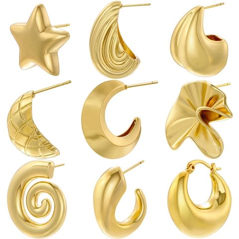 Irregular Geometric Brass Earrings Wrinkled Star Spiral C-Shape Vintage French Style Polished Studs For Women