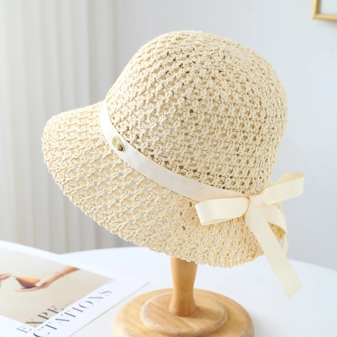 Chapeau De Pêcheur En Paille Femmes Crochet Respirant Protection Solaire Large Bord Noeud Chapeau De Soleil