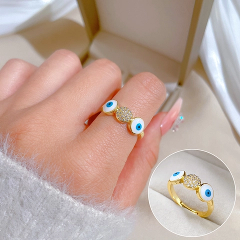 Anello Aperto Malocchio Ottone Placcato Oro Vero Micro Pave Zircone Smalto Blu Regolabile Gioielli Boho Per Donne