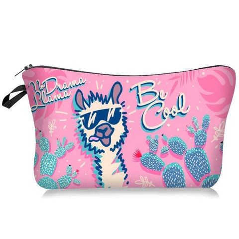 Llama Print Cosmetic Bag Portable Waterproof Polyester Makeup Toiletry Pouch Travel Organizer With Zipper And Wrist Strap For Women